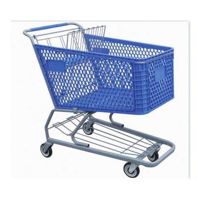 China Durable Blue HT Grocery 90/100/120L Hand Pusher Plastic Shopping Trolley Cart for sale