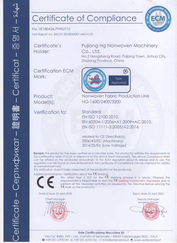 CE - Pujiang Hg Nonwoven Machinery Co., Ltd.