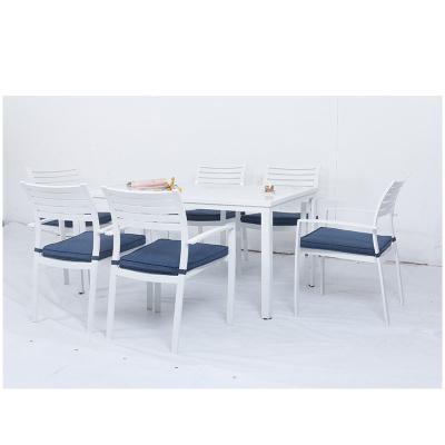 China Modern Garden Furniture Dining Table Set with 6 Seater Wood Table and Metal Chairs for sale