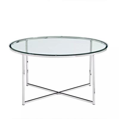 China Living Room Furniture PU Leather Cover Material Round Glass Coffee Table Modern Design for sale