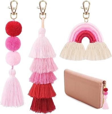 China Boho Macrame Keychains Pom Pom Tassel Rainbow Keychains Cute Colorful Tassel Keychain Purse Charms for Handbags for sale