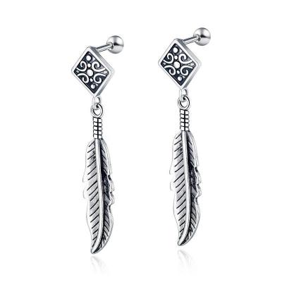 China Hip Hop Romantic Men's Jewelry Stainless Steel Vintage Feather Charm Stud Earrings for sale