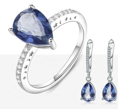 China CLASSIC Natural Pear Shape Blue Mystic Quartz Jewelry Set 925 Sterling Silver Solitaire Ring Earrings Set for sale