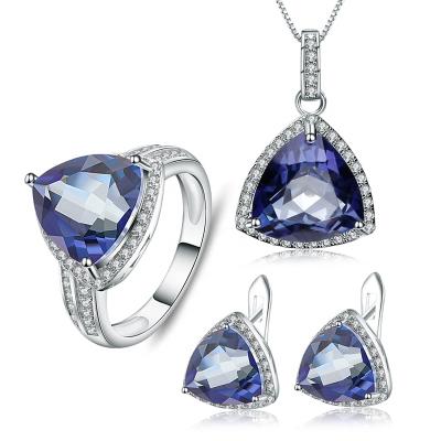 China Romantic Fine Jewelry Trillion Jewelry Set Ring Pendant 3 Cut Blue Mystic Quartz 925 Earrings Silver for sale