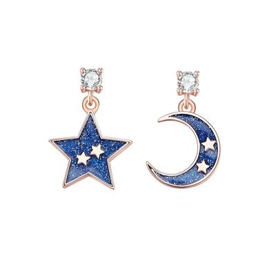 China 925 Sterling Silver Gold Plated Women Jewelry Romantic Enamel Star Moon Drop Earrings for sale