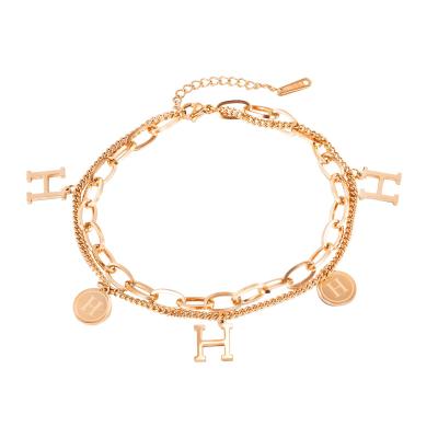 China TRENDY Letter H Round Disc Charm Rose Gold Plated Ins Jewelry Double Layer Titanium Steel Anklet Chain for sale