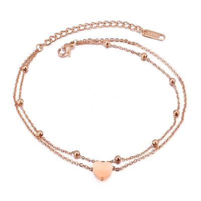 China Rose Gold Plated Stainless Steel TRENDY Tiny Hear Double Layer Foot Beach Chain Anklet for sale