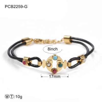 China Two Color Stainless Steel Bracelets Black Leather Rope With Stone for sale