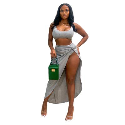 China 2021 QUICK DRY Solid Colors Beach Sexy Two Piece Set Bodycon Bodycon Bandage Slit Fork Skirt Elegant Set for sale