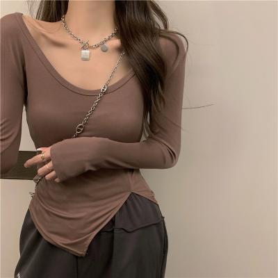 China Y2K Egirl Collar New Anti-wrinkle Spring T-shirt Irregular Slim Long Sleeve Crop Top Sexy Split Round Sweater for sale