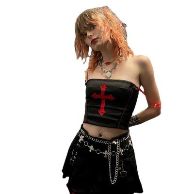 China New Summer QUICK DRY Dark Goth Y2K Quick Drying Breathable Strap Crop Girl-vest Top Cross Embroidered Belly Button Sleeveless Girl-vest for sale