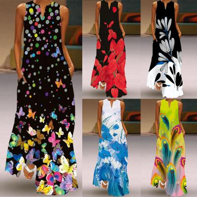 China Art Polyester Digital Print Vintage V-Neck Summer Anti-Wrinkle Long Sleeveless Lady Dress Plus Size Women Dress for sale