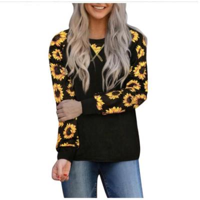 China Anti-pilling New Spring Summer Printed Sunflower Collar Splice Top Women Long Comfortable Round Style Cotton Casual Ladies Long Sleeve Blouse for sale