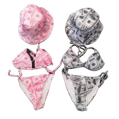 China Plus Size 2021 New Breathable High Quality Monogram Print Triangle Sexy Swimwear For Women Thong Bikini Set for sale