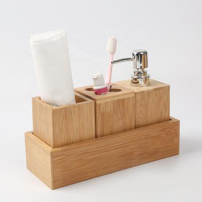 China 4pcs Sustainable Multifunctional Classic Soap Dispenser Cup Toothbrush Holder With Tray Bamboo Bathroom Accessories Set Wooden Products for sale