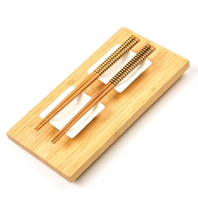 China Viable Bamboo Serving Tray Plate Food Wood Pan Japanese Style Rectangle Sushi Panels with Double Chopsticks and Sauce Mustard Dishes for sale