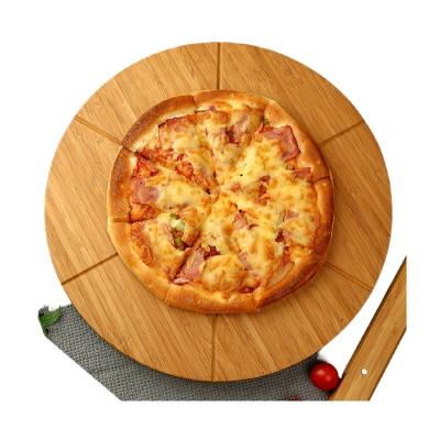 China Sustainable Wholesale Natural Round Bamboo Pizza Serving Board With 6 Grooves Cheese Bread Pizza Skin Wood Serving Board for sale