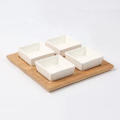 China High Quality Bamboo Kitchenware Chips And Dips Snack Tray Serving Tray with 4pcs Ceramic Classy Dipping Bowls for Dry Fruit Snack for sale