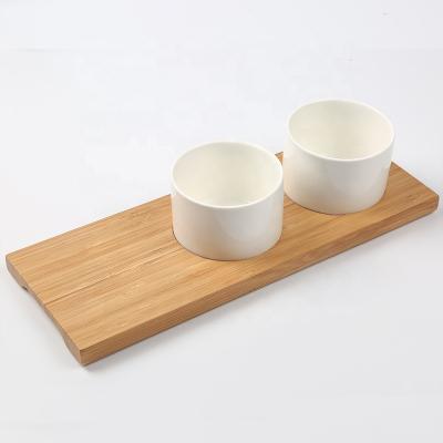 China Kitchenware 2 Compartment Round Ceramic Chip Dip Bowls With Rectangle Bamboo Tray Board Serving Tray For Snacks Condiments Appetizers Nuts for sale