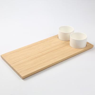 China Kitchen Tableware Fruit Snack Appetizer Serving Deli Tray Bamboo Dry Cutting Board with 2 Pcs Dip Ceramic Bowls Set for sale