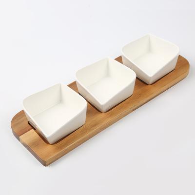 China Eco-friendly Kitchenware Rectangle Acacia Chip And Wooden Dip Dish Serving Tray Snack Tray With 3 Pcs White Ceramic Sauce Dipping Bowls for sale