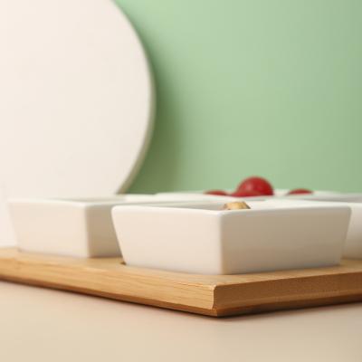 China Sustainable High Quality Bamboo Snack Serving Chipping And Dipping Tray With 4pcs Sauce Ceramic Dip Nibbles Bowls With Compartment Tray for sale