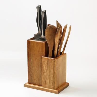 China Universal Acacia Knife Block Holder Eco-Friendly Sustainable Multifunctional With PP Sticks Kitchen Cutting Knife And Cutlery Storage Holder for sale