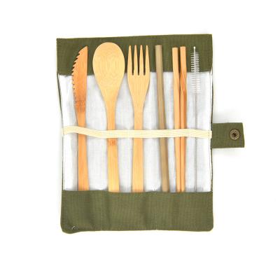 China 6 Pcs Sustainable Travel Nature Utensils Camping Bamboo Wooden Cutlery Set Knife Fork Spoon In Pocket With Portable Picnic Bag Package for sale