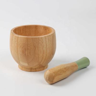 China Viable Kitchen Garlic Crusher Food Spice Herb Grinder Pill Crusher Color Round Manual Bamboo Wooden Mortar and Pestle Set for sale