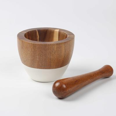 China Viable Natural Acacia Herb Grinder With White Base Wooden Mortar And Pestle Garlic Grinders Spice Excellent For Pill Crushing And Grinding for sale