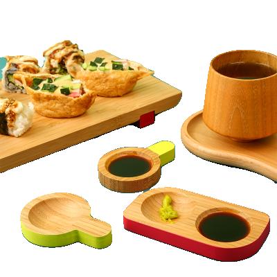 China Viable Japanese Style Maker 2 Mini Wasabi Sushi Sashimi Plates Divided By Compartments With Color Board Accompanying Sauce Bamboo Dishes for sale