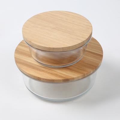 China Viable Set of Round High Borosilicate 3 Lunch Box Airtight Glass Container with Bamboo Lid Heat Resistant Mixing Glass Bowl for sale