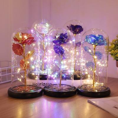 China Celebration Artificial Flower Valentines Womens Mothers Teachers Day Christmas Gift Decoration Gold Foil Rose Luminous Flower in Glass Dome for sale