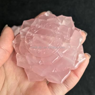 China China Hand Carved Crystal Buddhist Craft Goods Natural Rose Quartz Lotus Flower for sale