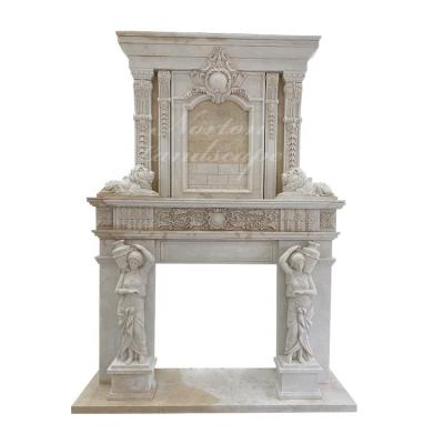 China Contemporary luxury large antique double stone statues marble fireplace mantel for sale for sale