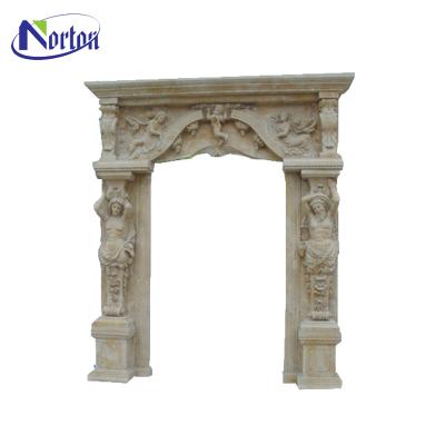 China Western Marble/Stone Fireplace Factory Supply Large Size Antique Travertine Stone Door Frame Design Of Man And Woman Statues for sale