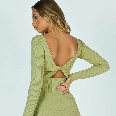 China Anti-Static European American Style Two Ways To Use Long Sleeve Knitted Backless Front And Back Hollow Out- Slim Mini Dress for sale