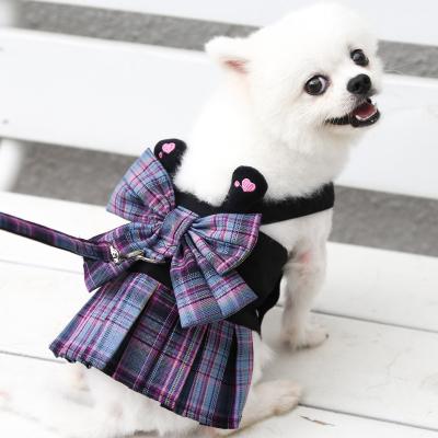 China New Design Viable Dog Plaid Dog Dress Puppy Skirt with Leash Bowknot Dog Plaid Dress Puppy Harness and Leash Set for sale