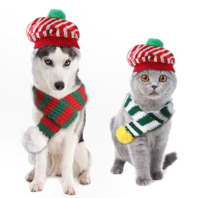 China Hot Fashion Cat Dog Pet Christmas Scarf Sustainable Pet Christmas Scarf Set Creative Knitted Dog Bib Check Hat for sale