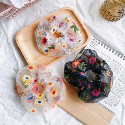 China Wholesales Cute Fashion Women Transparent Embroidered Mesh Scrunchies Hair Accessories for sale