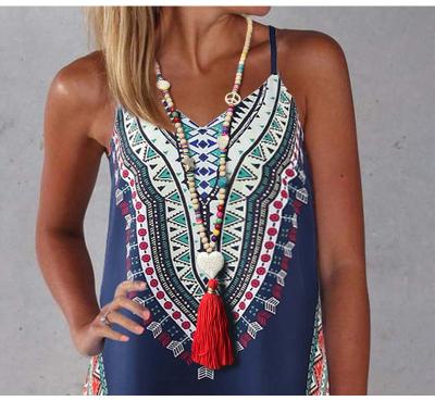 China 2020 Environmental Friendly Hot Selling Bohemian Wood Beads Necklace Turquoise Beads And Tassel Necklace Sweater Chain Pendant Necklace for sale