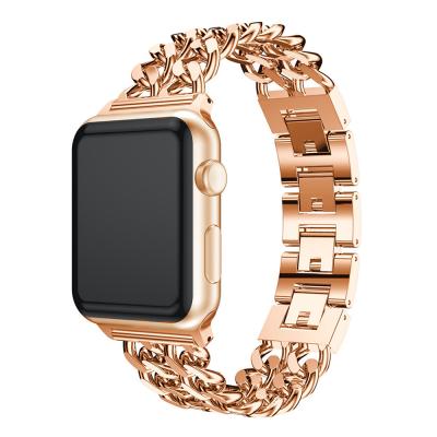 China Fashion \Luxury Popular Rose Gold Double Row Denim Chain Stainless Steel Metal Strap Watch Band For Apple iWatch 7 Band 41mm 45mm for sale