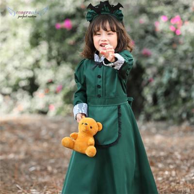 China Dress Autumn Cotton Long Sleeves Beautiful Retro Dark Green Lace Dress Dress For Kids for sale