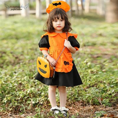 China Orange Pumpkin Bat Maid Headwear Cosplay Dress Apron Halloween Clothes Kids Costume for sale