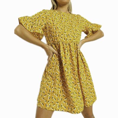 China Women 2021 Gold Color Women Ladies Ginger Elegant Champagne Print Anti-wrinkle Dress Yellow Floral Casual Dress for sale