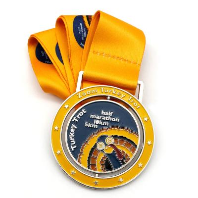 China Custom Souvenir 5km 10km Half Marathon Half Marathon Spinner Running Award Souvenir Turkey UK Maker Rotating Metal Medal With Ribbon for sale