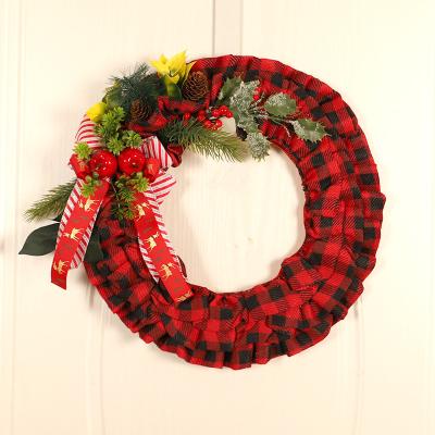 China American Style Christmas Wreath Checked Red Ribbon Door Hanging Garland Fruit Christmas Holiday Decorations for sale