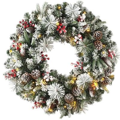 China Plastic Fabric Christmas 24inch Wreath Decorative Christmas With Door Light Winter Pine Cone for sale