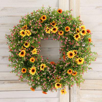 China Factory Wholesale 45CM Plastic Hanging Rattan Ring Sun Flower Plastic Garland Door Artificial Thanksgiving for sale