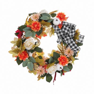 China Wholesale Plastic Autumn Simulation Pumpkin Garland Thanksgiving Maple Leaf Door Hanging Decorative Bowknot Garland for sale